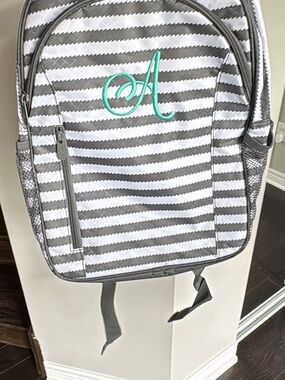 thirty-one Gray and White Striped Kids Backpack with Teal Monogram
